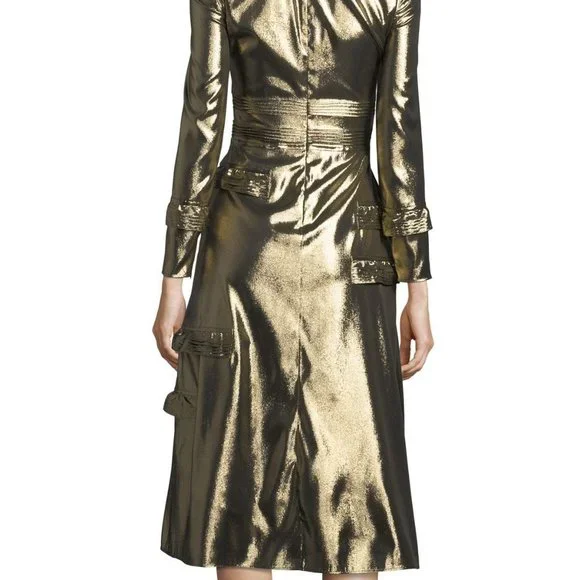 NWT Burberry Long-Sleeve Gold Metallic Ruffle-Trim Dress size US 2 - Picture 3 of 16